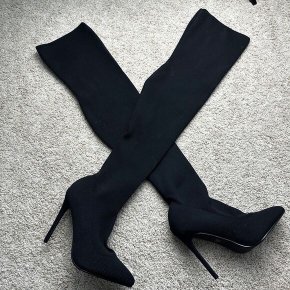 Over the Knee Stretch Black Stiletto Heel Boots Womens 8.5 - Picture 1 of 6